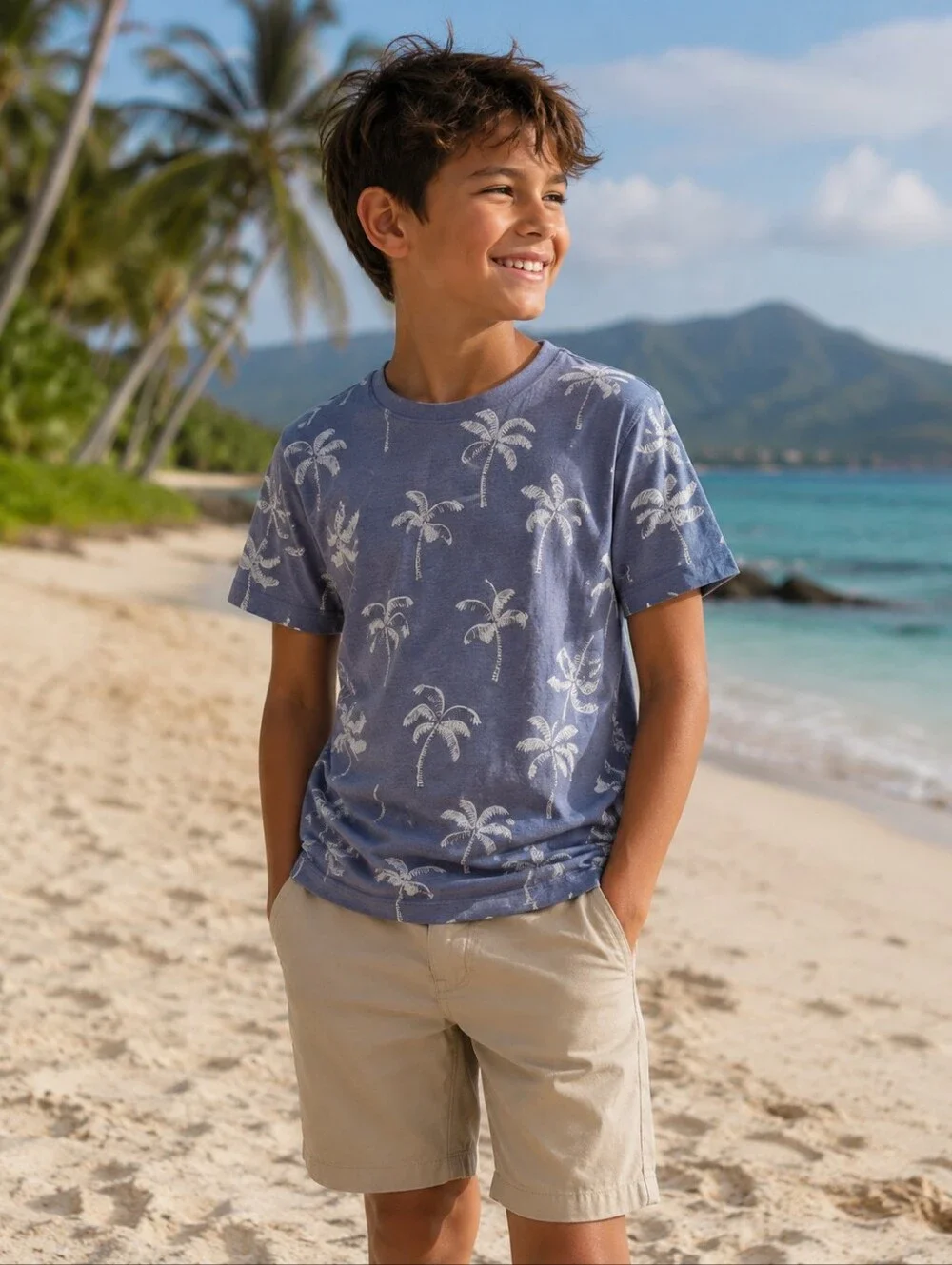 Old Navy Palm Tree Tee Dusty Blue White Short Sleeve Crewneck Vacay Beach Boys
